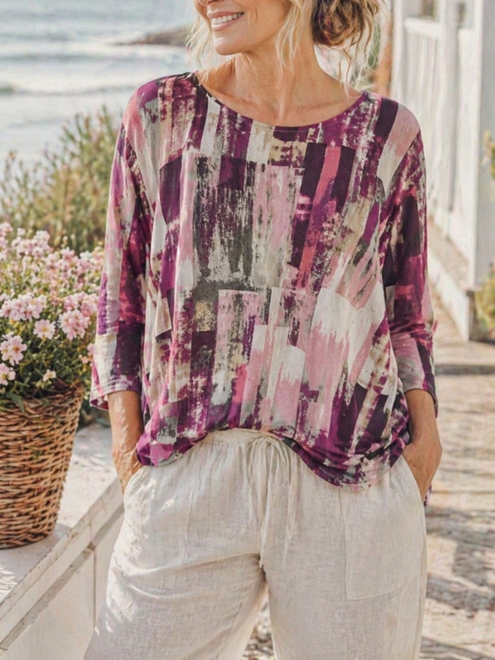 Alia Abstract Print Top Size 1X 3/4 Sleeve Relaxed Coastal Grandma Boho Spring